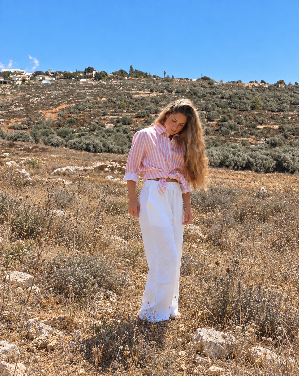 מכנס לבן נשים - 100% פשתן אורגני מסיבים ארוכים